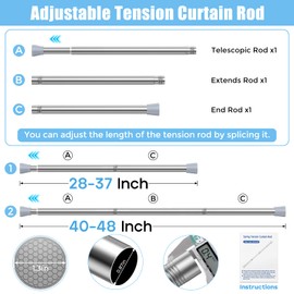AIZESI Tension Curtain Rod Spring Tension Rods for Windows 28 to 48 Inch, 7/8 Diameter Silver, Adjustable Curtain Rods No Drilling, Shower Curtian Rod for Bathroom, Doorway, Closet