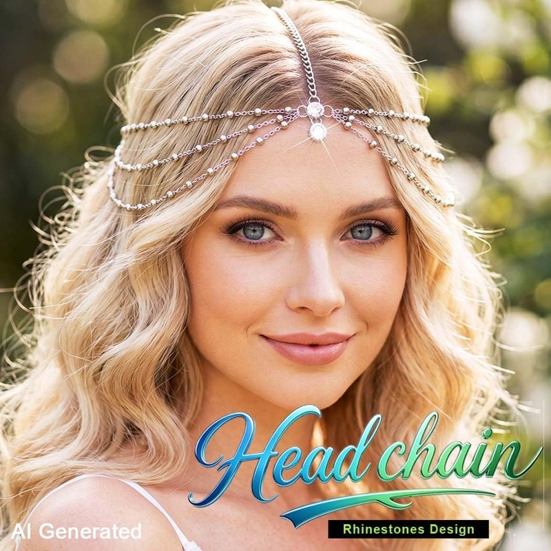 GORTIN Rhinestones Head Chain Headpiece Silver Bride Wedding Forehead Hair