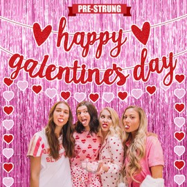 Galentines Day Decorations for Party, Fufuddz Pink Backdrop Foil Curtains Girls Valentines Banner Red Heart Garland Bachelorette Supplies Happy Birthday Sign Cute Gifts for Women Friends Ladies Night