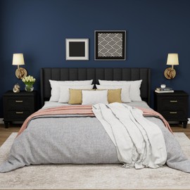 WJORATA Upholstered Platform King Size Bed Frame with Headboard Wooden Slats Support No Noise Easy Assembly Black Linen