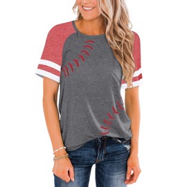 ZUNQKG Womens Baseball Mom Shirts Raglan Short Sleeve Crewneck Patchwork Casual Summer Baseball Tees Red L
