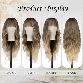 FESHFEN Long Ombre Wig with Fringe for Women Natural Synthetic Wavy Curly Wavy Hair Heat Resistant Women's Wigs for Daily Party Cosplay Ombre Blonde Mix Brown 65 cm