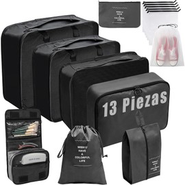 13 Piezas Traje de Viaje,Organizador de Viaje,Maletero,Traje de Recogida,Ropa,ArtíCulos de Aseo,Zapatos,Etc. Organizadores(Negro)