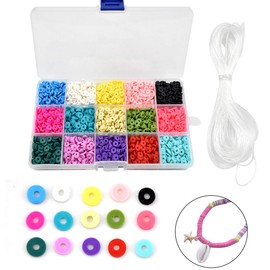 Polymer Clay Beads Set - 2850 Pieces 6 mm Vinyl Discs, Flat Round Loose Spacer Beads for DIY Jewellery Making - Earrings, Bracelets, Necklaces with 10 m Cord (15 Colours), Multicoloured