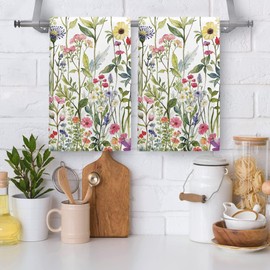 kampdream Faxdong Floral Hand Towel Set of 2, Watercolor Wildflower Botanical Plant Leaves Design Soft Absorbent Towels for Home Hotel Gym Spa Bathroom, Multi2 16×27 inch