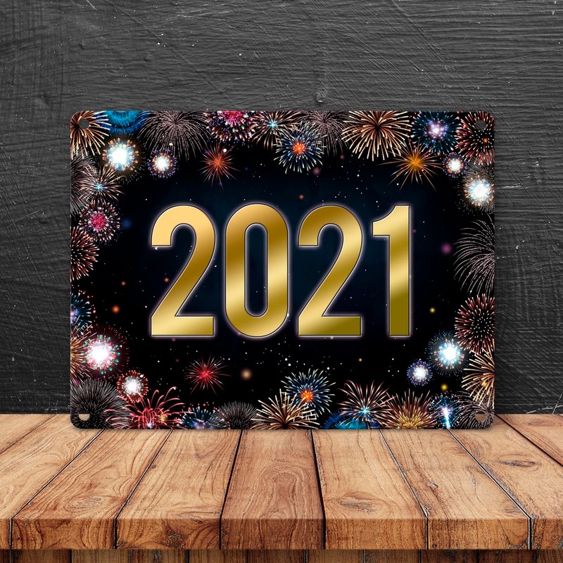 2021 New Year's Eve Metal Sign with Fireworks Motif Rocket