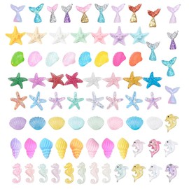 SUNNYCLUE 1 Box 80Pcs 10 Styles Animal Cabochons Colorful Sea Ocean Animals Slime Charms Transparent Fishtail Mermaid Dolphin Resin Cabochon Flatback for Scrapbooking DIY Jewelry Crafts, Random Style