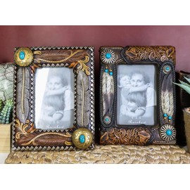 Ebros Gift Pack Of 2 Southwestern Rustic Tooled Leather Finish Floral Scroll Tribal Indian Feather With Turquoise Rocks Picture Frame with Easel Back Photo Frame 4"X6" Western Home Accent