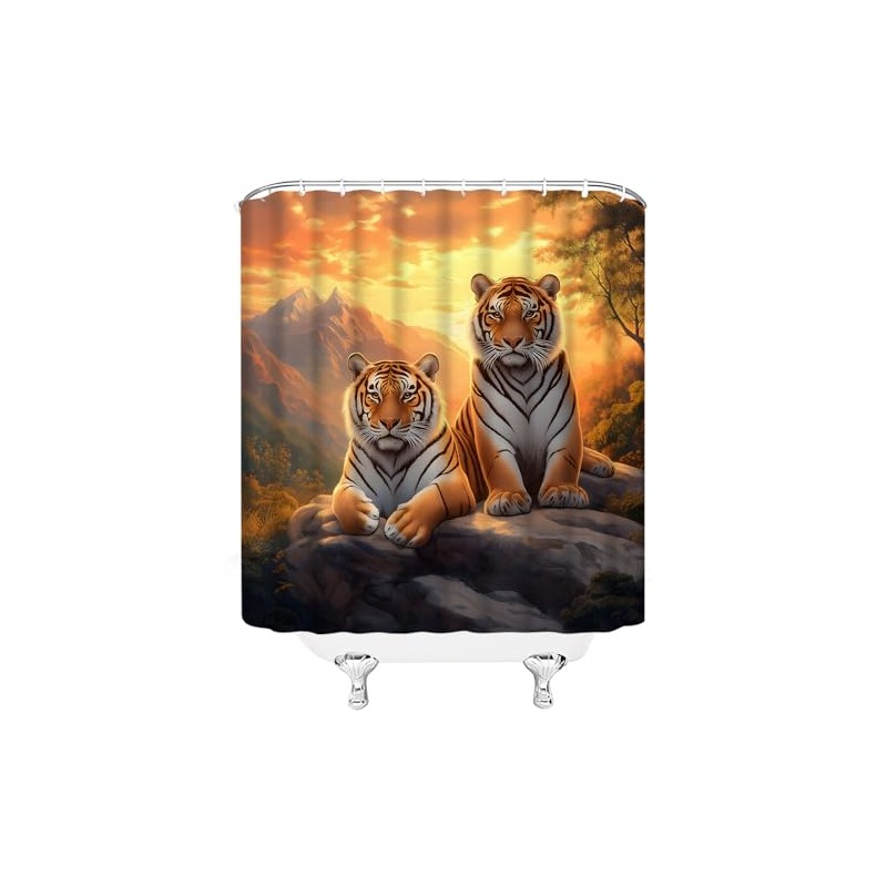 Tiger Shower Curtain African Wildlife Animal Mountain Laying Under Stone