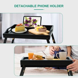 Bed Tray Table for Eating - Bamboo Breakfast Food Table with Phone Tablet Holder - Adjustable Height Black Serving Tray with Folding Legs on Lap Sofa - Portable Laptop Snack Platter for Bedroom Picnic