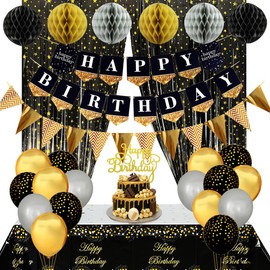Black and Gold Birthday Party Decorations with Happy Birthday Banner, Gold Black Balloons, Birthday Tablecloth, Foil Fringe Curtains, Honeycomb Balls, Birthday Decor for Men Women