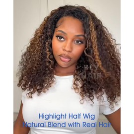 BLY Highlight Water Wave Half Wig Human Hair 3 in 1 Glueless Drawstring Flip Over Wear Go Wig for Women 1B 30 Color 180 Density Beginner Friendly Wigs 18 Inch