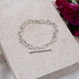 Tuscany Silver Women's Sterling Silver 31mm x 2.6mm T-Bar 7mm Belcher Chain Albert Clasp Bracelet 18cm/7'