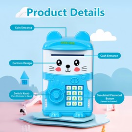 Flintronic Piggy Bank for Kids Ages 3+, Money Box for Boys Girls, Cute Mini ATM Bank Safe, Cash Coin Savings Box Money Safe for Great and Practical Birthday Gifts for Boys & Girls, Blue