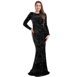 kisscc Velvet Stretch Sequin Formal Dress Long Sleeve O Neck Maxi Dress Black Medium