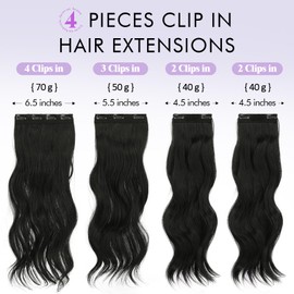Sofeiyan Clip-In Extensions, 4 Pieces, 50 cm Long Wavy Hair Extensions for Women, Natural Wavy Black, Soft Synthetic Clip-In Hairpieces for Daily Party