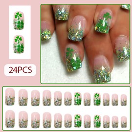 24Pcs St Patricks Day Press On Nails, Glitter French Tip Press On Nails Square Fake Nails with Green Shamrock Glossy Design, Artificial Nails Stick On Nails for Women