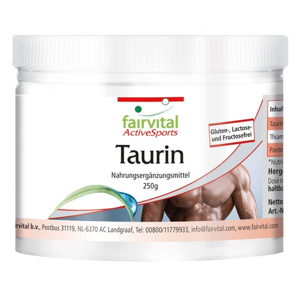 Fairvital Taurine 250 g Powder - Extra High Dose - With Thiamine and Pantothenic Acid - Pure, No Additives - 100% Vegan - For 4.5 Months - Quality Tested - Made in Germany