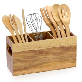 Aramanara Large Wooden Utensil Holder, Rustic Kitchen Cutlery Holder, Wooden Utensil Organizer with 3 Compartments for Kitchen Countertop