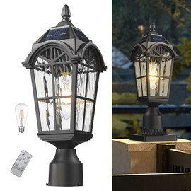 Starcurin Outdoor Post Lights Solar Powered with Remote Control, Dusk to Dawn Aluminum Pole Lamp with Water Ripple Glass, Weatherproof Exterior Pillar Lantern for Pathway Garden Patio Gargae