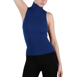 Seamless Ribbed Sleeveless Mock Neck Turtleneck Shaping Tank Top Hot Tee (Blue