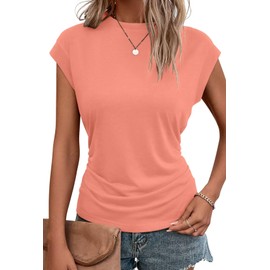 Bliwov Womens Summer Tops Cap Sleeve Business Casual Ruched T Shirts Trendy Basic Crewneck Outfits Beach Vacation Clothes M Coral