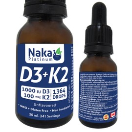 Naka Platinum Vitamin D3 + K2 in MCT oil, 1364 drops, Unflavoured, Made in Canada (30ml - 341 servings)