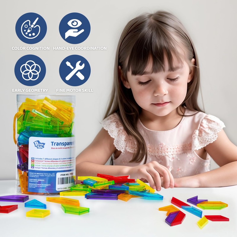 Pairez Toys Transparent Pattern Blocks, 126 Pcs Geometric Shapes Blocks,