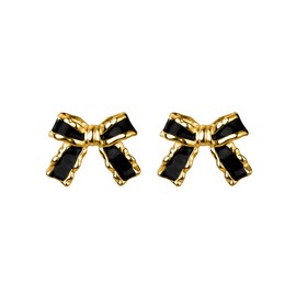 SLUYNZ Solid 925 Sterling Silver Black Bow Stud Earrings for Women - Bowknot Band (1.3 cm Studs-Gold)