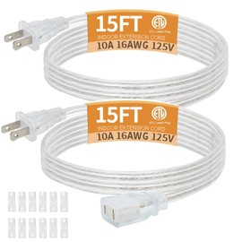 Haultop 15 Ft Clear Extension Cord Indoor Thin, 2 Prong Extension Cord with UL Certified, Extension Cords for Light Fixtures Male to Female, 2 x 16AWG 10A/125V 2 Pack