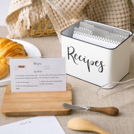 Deppon Recipe Box with Cards and Dividers, White Metal Vintage Farmhouse Design Recipe Organization Box, 4 x 6 Recipe Cards and Box Set with Grooved lid