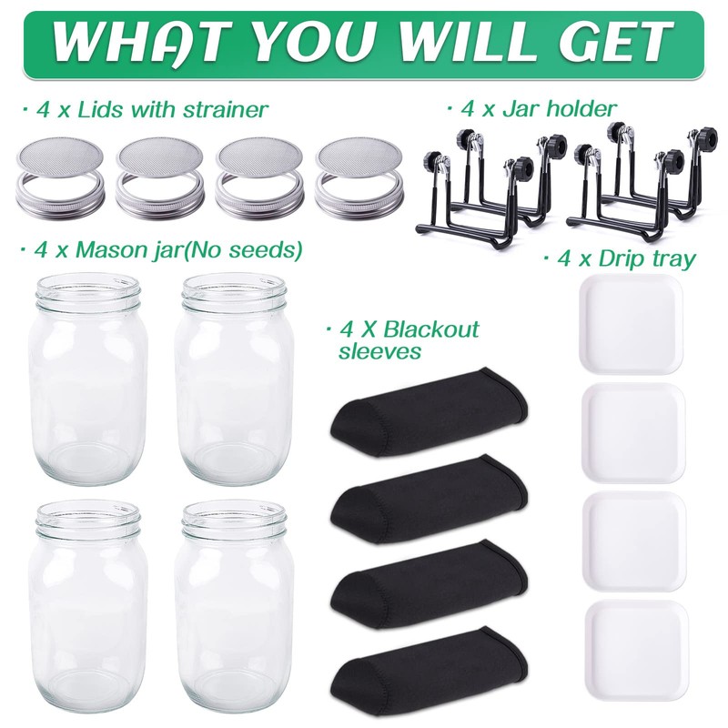 Kikerike Seed Sprouting Jar Kit with 4 Wide Mouth Mason