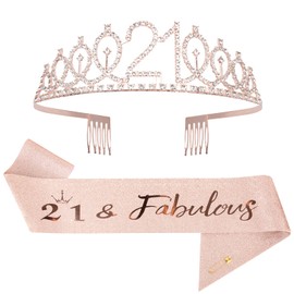 Mikccer Rose Gold 21st Birthday Sash and 21 Birthday Tiara, Rhinestone Crown Headband for 21st Birthday Gifts, 21st Birthday Decoration Party Accessories for Girls Women