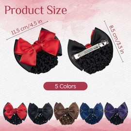 5 Pieces Women Hair Snood Net Golden Edge Bowknot Decor Barrette Elastic Mesh Hair Bun Cover Satin Bow Hairnet Professional Hairclip Hairpin for Women Girls Styling Accessories (Black)
