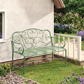 Christopher Knight Home Layon Iron Outdoor Bench, Patio Loveseat for 2 People, Durable Garden Bench with Floral Pattern Backrest, Slatted Seat for Park/Yard, Spacious Outdoor Seating, Matte Green
