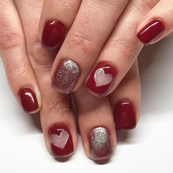 Valentines Press on Short Square Nails 24Pcs Dark Red Love