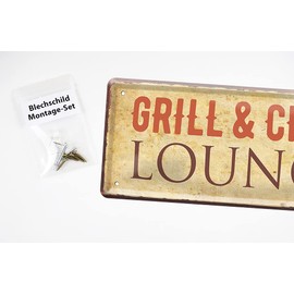 Grill and Chill Lounge Tin Sign - Notice Sign in Vintage Style - Retro Decoration Sign for Patio Balcony Garden Barbecue - Decorative Gift Grill BBQ - Grill Hobby Accessories - 28 x 12 cm