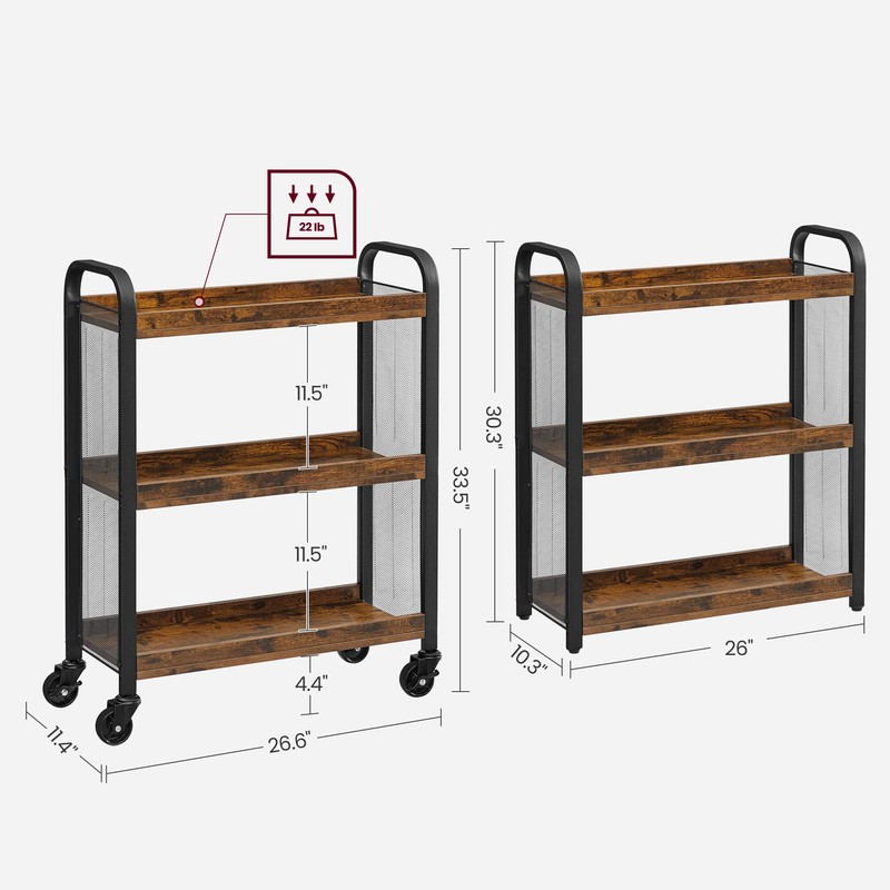 VASAGLE 3-Tier Narrow Storage Cart, Rolling Cart with Wheels, Steel