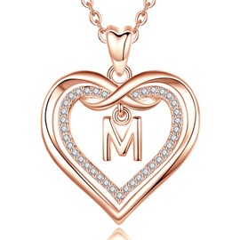 Vito Initial Necklace for Women, Double Heart Cubic Zirconia Letter Pendant, Rose Gold Dainty Alphabet A to Z Necklaces Mother's Day Jewelry Gift for Mom Sister Daughter, 20 Inch Chain