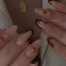 GlamRays Red French Lace Press on Nails Medium Almond False Nails With 3D Gold Chrome Edge Flower Design Rhinestone Charms False Nails Retro Glue Nail 24 Pieces