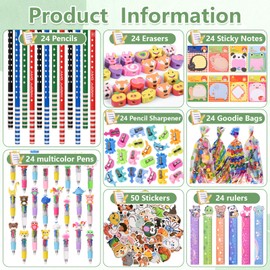 24 Pack Cute Cartoon Animal Stationery, Cute Stationery Party Supplies, With Rulers, BallPoint Pens, Pencils with Eraser, Sticky Notes etc.,for Birthday Goodie Bags School Classroom games Rewards.