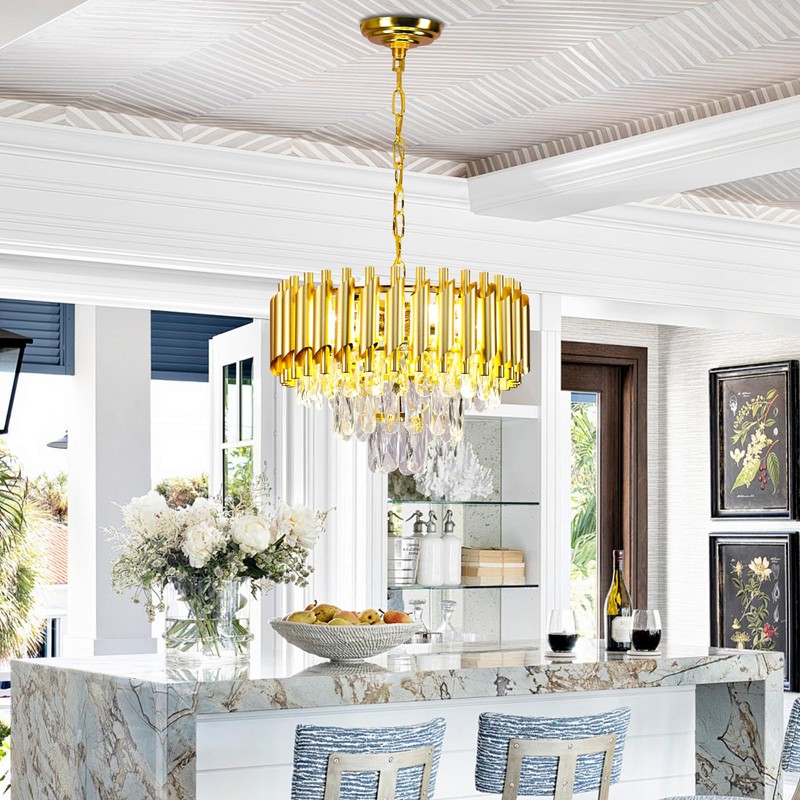 FRIXCHUR 16-Inch Modern Gold Crystal Chandelier, Ceiling Light Fixture, Adjustable
