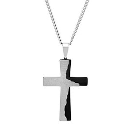 STEEL NATION JEWELRY Men’s Stainless Steel Two-Tone Spanish Lord’s Prayer Cross Pendant with Curb Chain Necklace, 24”
