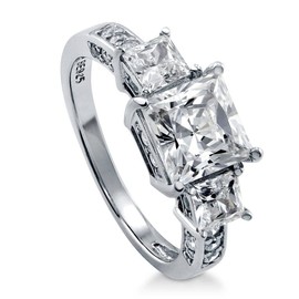 BERRICLE Sterling Silver 3-Stone Wedding Engagement Rings 2 Carat Princess Cut Cubic Zirconia CZ Ring for Women, Rhodium Plated Size 9