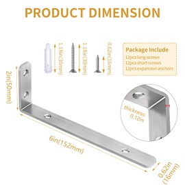 LSK L Heavy Duty Stainless Steel Corner Bracket, 6"2" (15050mm) Shelf Support, Max Load: 42lb, Joint Angle Bracket for Wooden Board, Pack of 6