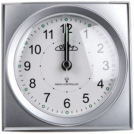 PRIM Radio-Controlled Alarm Clock with Smooth Flow, Plastic Alarm Clock, Silver & White, Alarm Amplifier, Repeat Alarm, Light Function, Quartz Movement, Precise and Quiet Operation