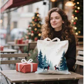 Nihilform Christmas Reindeer Canvas Bag, Snowy Forest Tote Bag, Winter Wonderland Tote, Holiday Bag for Shopping & Outings, Christmas Gift for Present & Friends & Family.