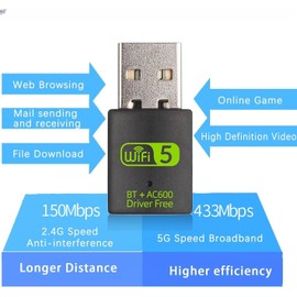 WiFi 5 USB WiFi Adapter for PC Desktop Laptop, Dual Band WiFi Dongle 5GHz 600Mbps + 2.4GHz 286Mbps, USB 2.0 Computer Network Adapter for Windows 11/10/7, Wireless Internet Dongle