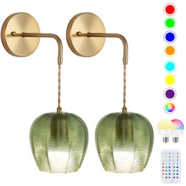 EIDEARAY Wall Sconces Set of Two, Battery Operated Sconces with Remote, Wireless Wall Sconces RGB Color Changing Dimmable, Vintage Sconces Wall Decor Set of 2,for Bedroom Living Room（Striped Green）