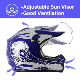 XFMT DOT Youth Kids Motocross Offroad Street Dirt Bike Helmet Youth Motorcycle ATV Helmet with Goggles Gloves Blue Skull XL